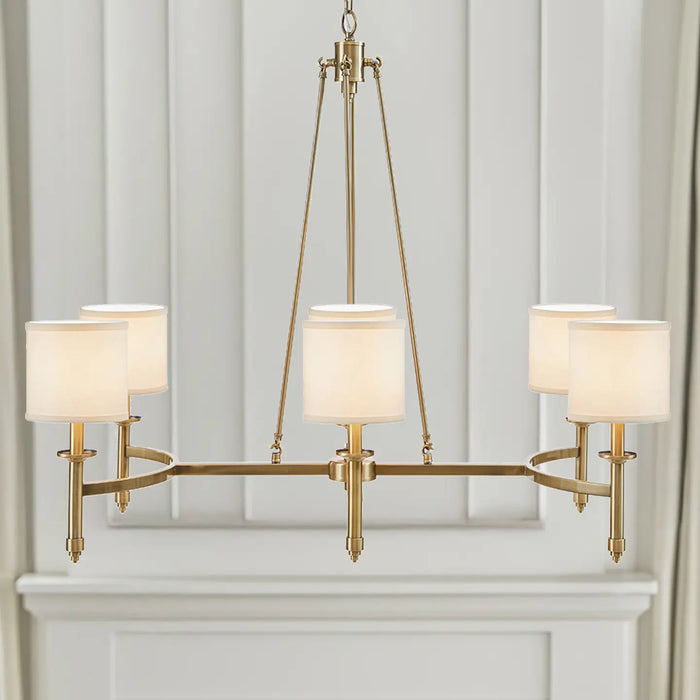 6-LIGHT CHANDELIER WITH FABRIC DRUM SHADES, ANTIQUE GOLD