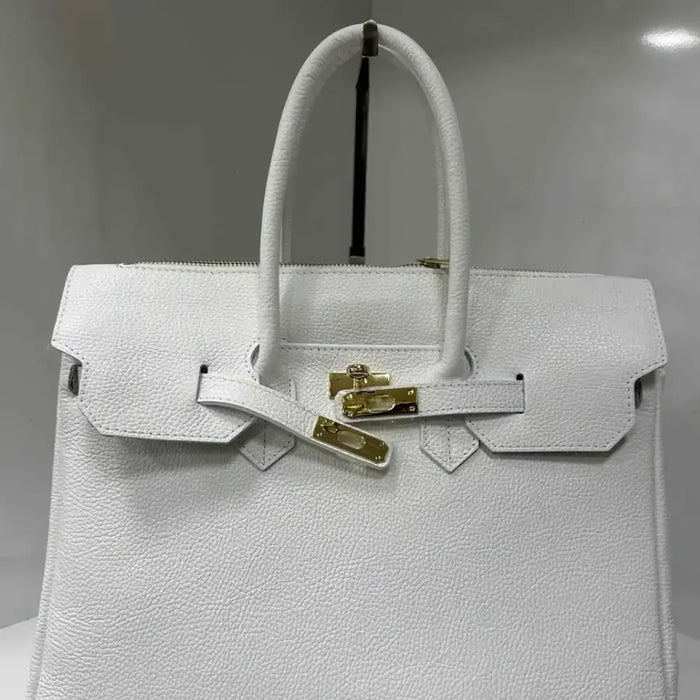 NEW! SFW LEATHER WHITE HANDBAG STRUCTURED AND LOCK CLOSURE