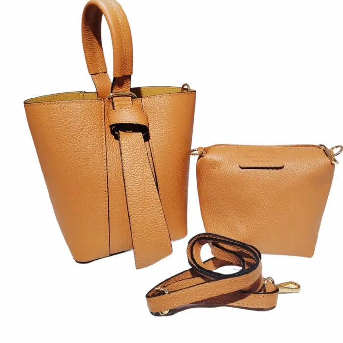 NEW! STBIBI CAMEL LEATHER BUCKET BAG & POUCH
