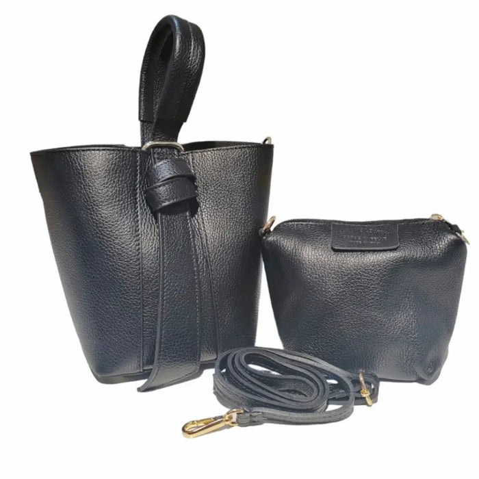 NEW! STBIBI BLACK LEATHER BUCKET BAG & POUCH