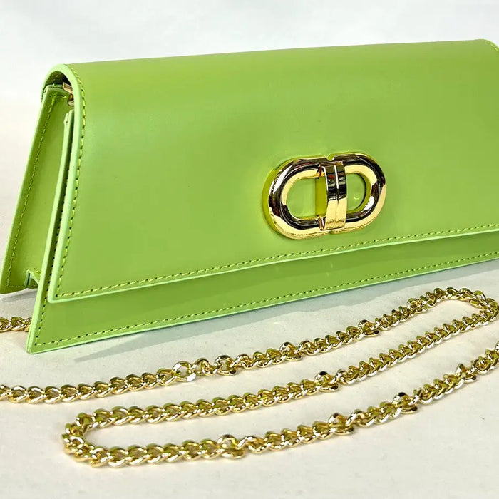 NEW! ITALIAN GREEN LEATHER CHIC CLUTCH CROSSBODY GOLD CHAIN