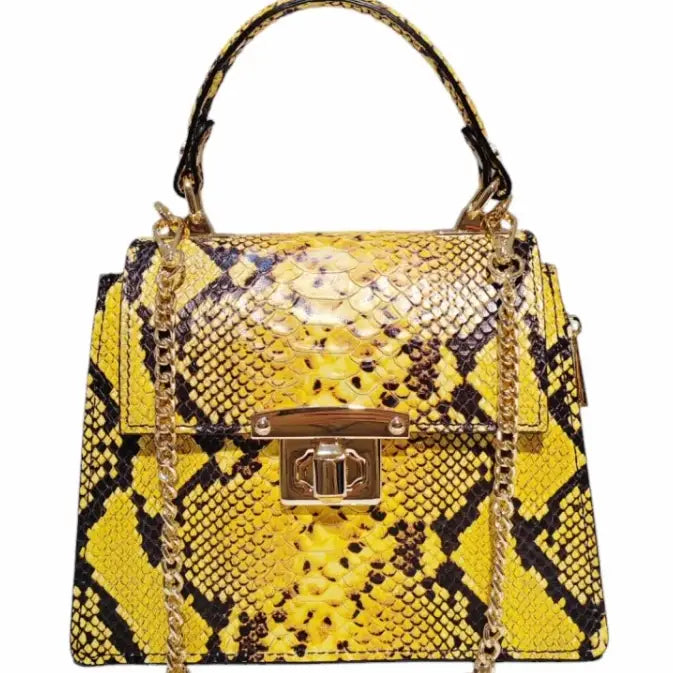 NEW! ITALIAN YELLOW LEATHER PRINTED SNAKE CROSSBODY BAG