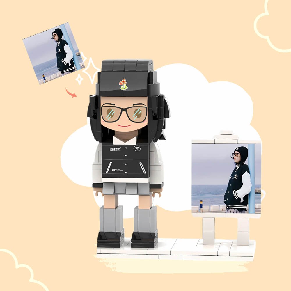 CUSTOM SINGLE-PERSON MINI BRICK FIGURE WITH EASEL PERSONALIZED BUILDING BLOCK TOY