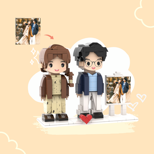 CUSTOM TWO-PERSON MINI BRICK FIGURES WITH EASEL PERSONALIZED BUILDING BLOCK TOY