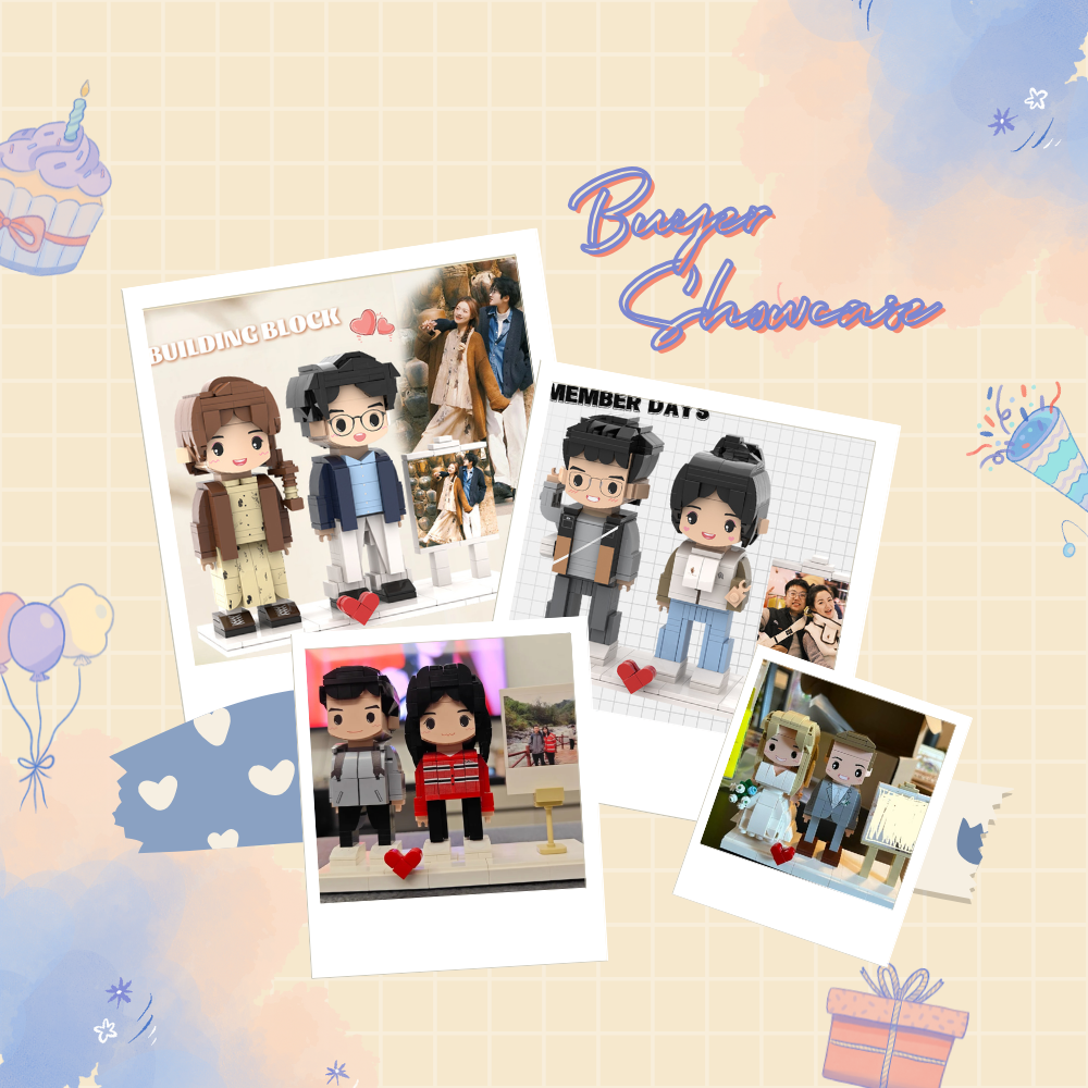 CUSTOM TWO-PERSON MINI BRICK FIGURES WITH EASEL PERSONALIZED BUILDING BLOCK TOY