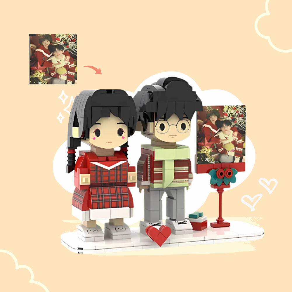 CUSTOM TWO-PERSON MINI BRICK FIGURES WITH POLAROID PERSONALIZED BUILDING BLOCK TOY