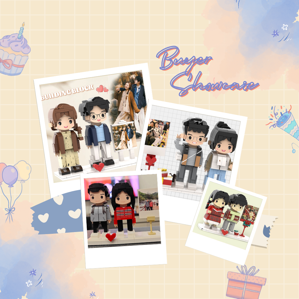 CUSTOM TWO-PERSON MINI BRICK FIGURES WITH POLAROID PERSONALIZED BUILDING BLOCK TOY