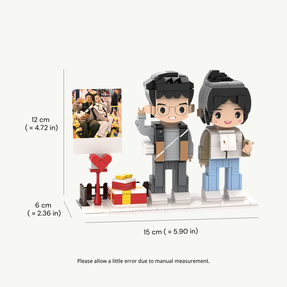 CUSTOM TWO-PERSON MINI BRICK FIGURES WITH POLAROID PERSONALIZED BUILDING BLOCK TOY