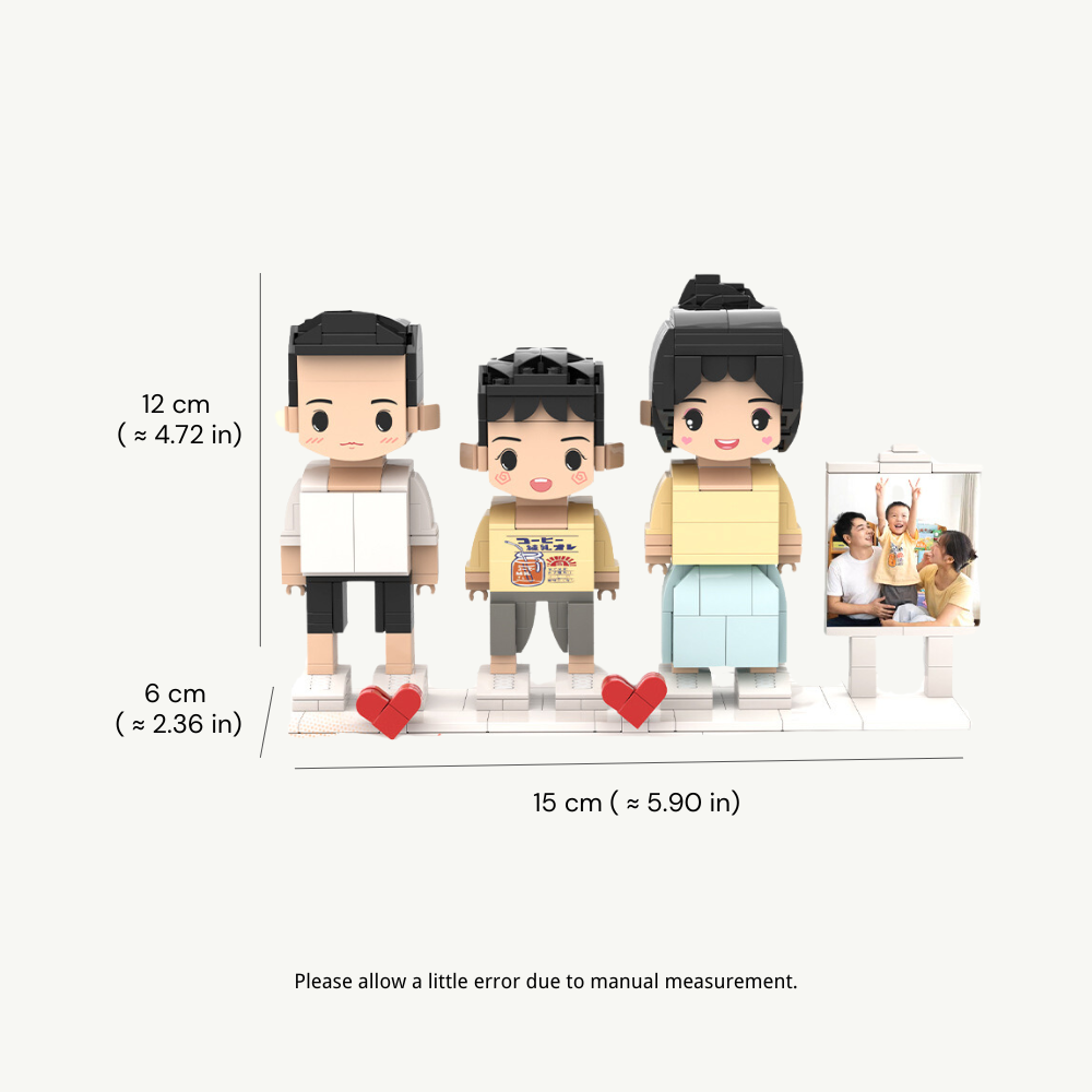CUSTOM THREE-PERSON MINI BRICK FIGURES WITH EASEL PERSONALIZED BUILDING BLOCK TOY