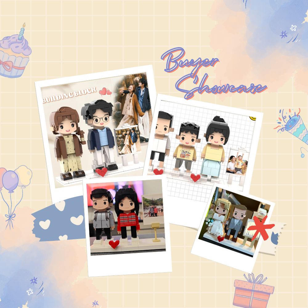 CUSTOM THREE-PERSON MINI BRICK FIGURES WITH EASEL PERSONALIZED BUILDING BLOCK TOY