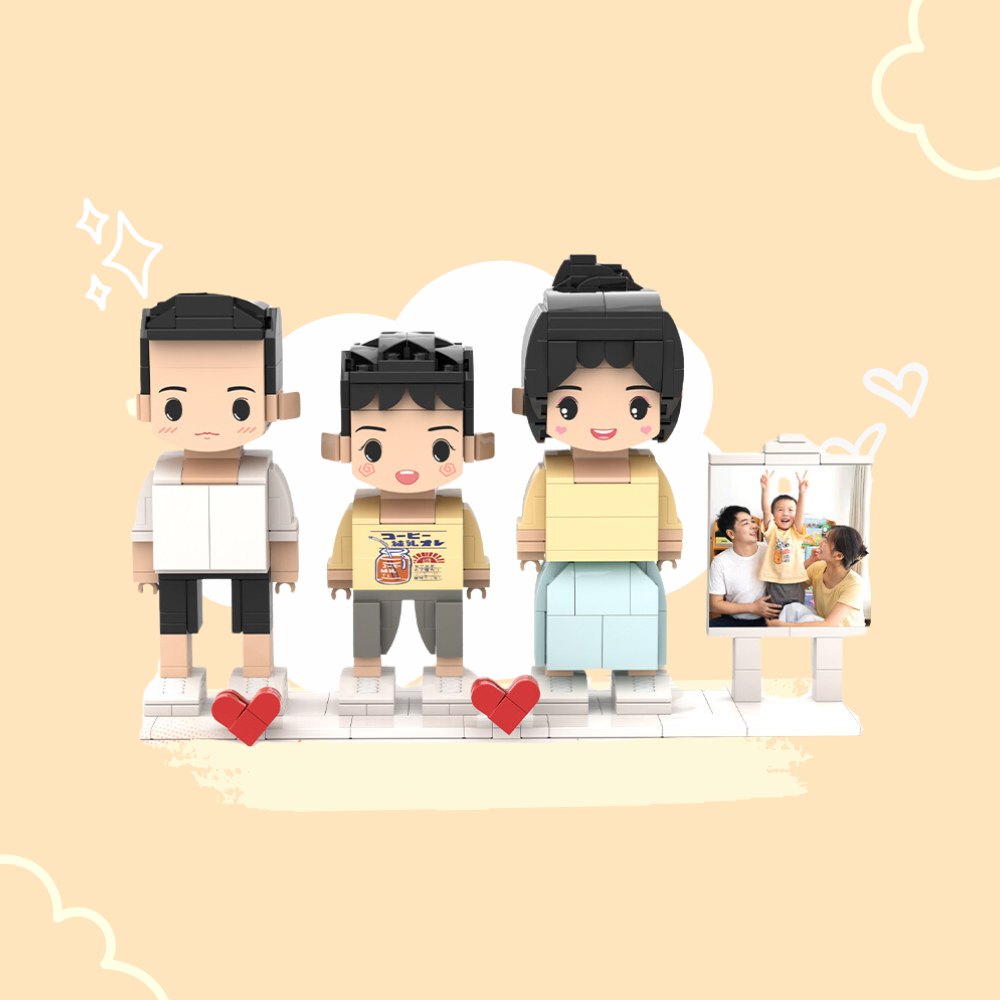 CUSTOM THREE-PERSON MINI BRICK FIGURES WITH EASEL PERSONALIZED BUILDING BLOCK TOY