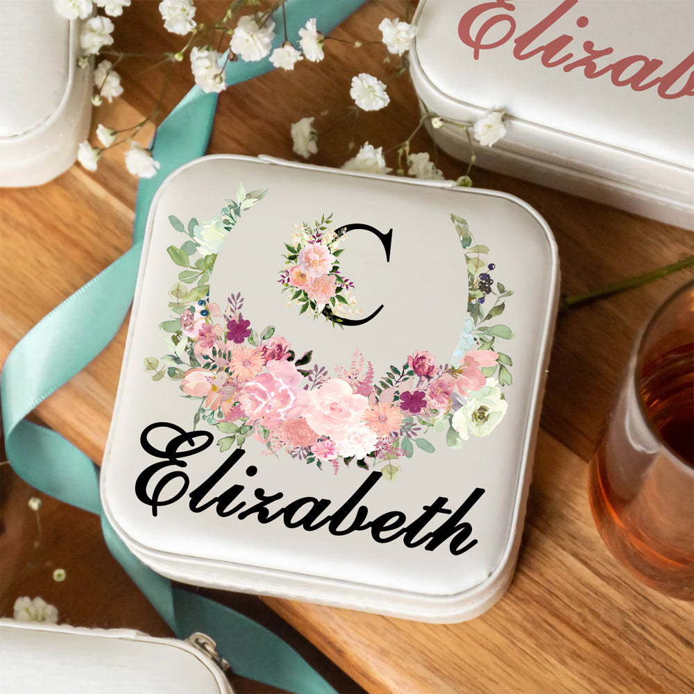 INITIAL & NAME JEWELRY TRAVEL CASE WITH FLOWERS