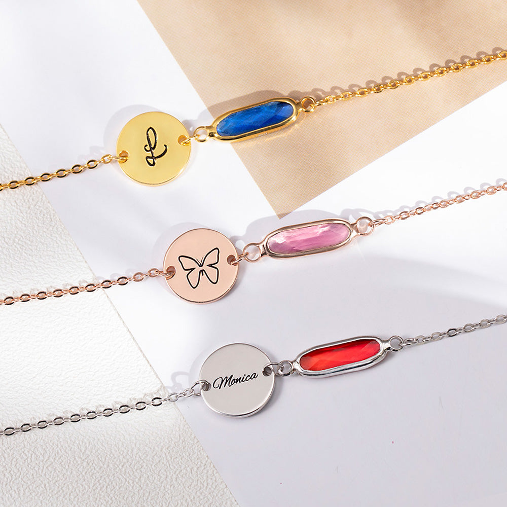 CUSTOM BIRTHSTONE BRACELET WITH NAME DISC