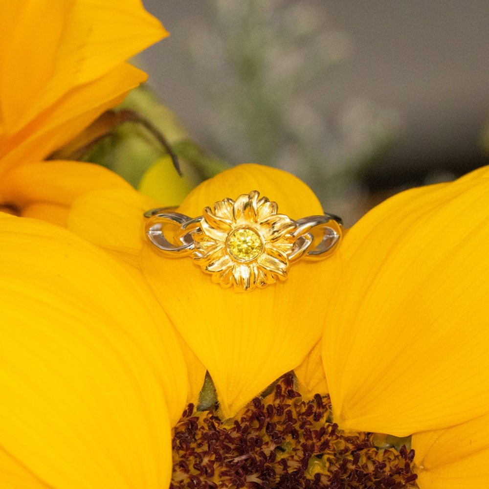 PERSONALIZED NAME SUNFLOWER RING WITH BIRTHSTONE