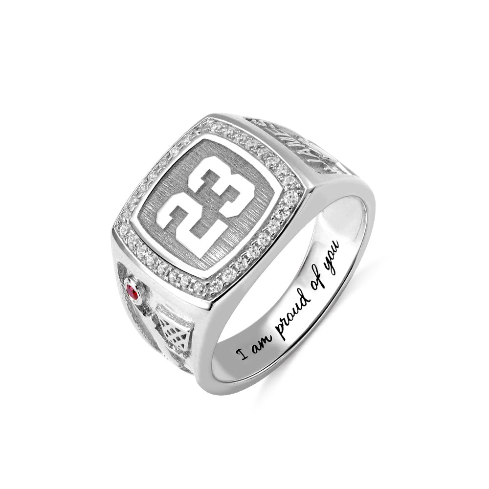 ENGRAVED BASKETBALL SIGNET RING WITH BIRTHSTONE