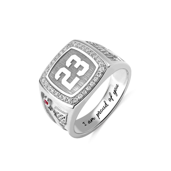 ENGRAVED BASKETBALL SIGNET RING WITH BIRTHSTONE