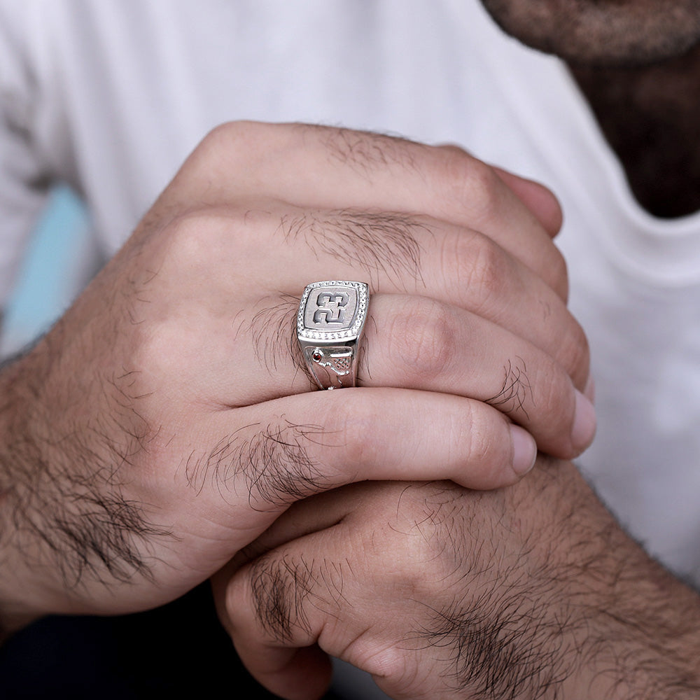 ENGRAVED BASKETBALL SIGNET RING WITH BIRTHSTONE