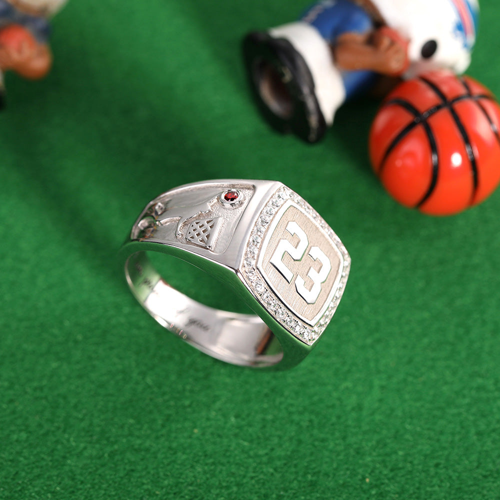 ENGRAVED BASKETBALL SIGNET RING WITH BIRTHSTONE