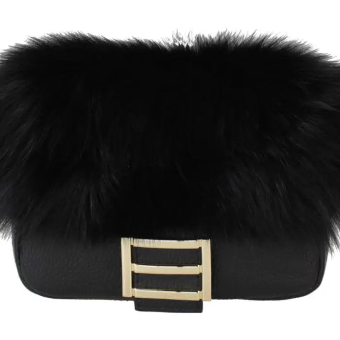 NEW! 909 ITALIAN BLACK FUR AND LEATHER HANDBAG WITH GOLD CHAIN