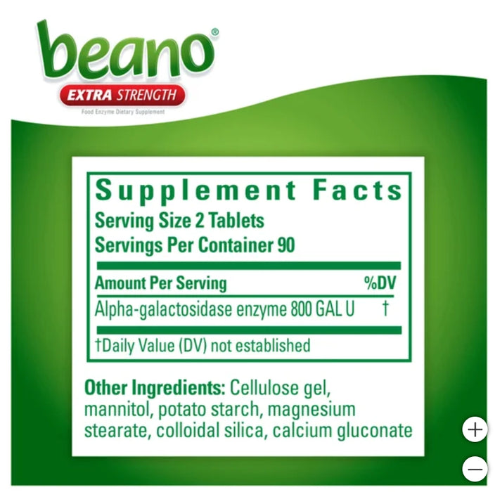 BEANO EXTRA STRENGTH FOOD ENZYME DIETARY SUPPLEMENT, 180 TABLETS