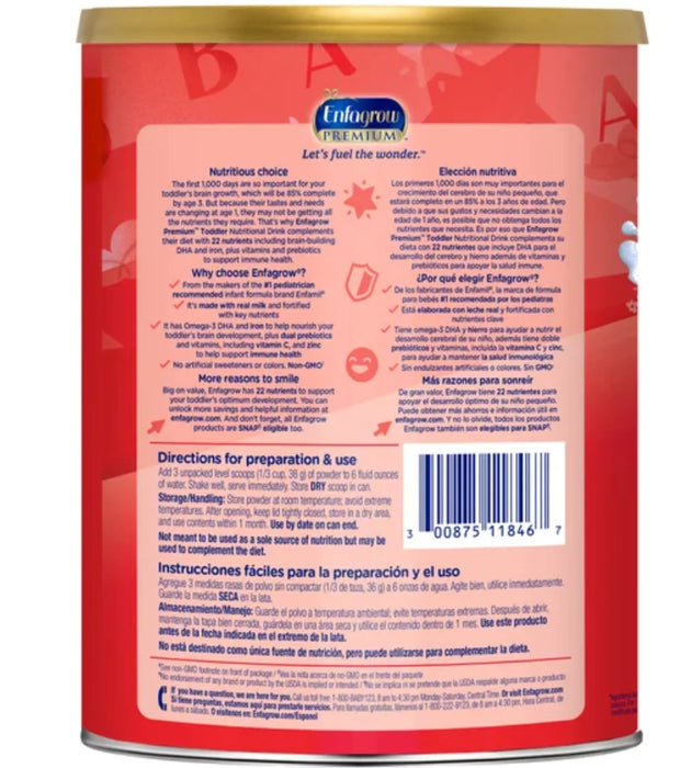 ENFAGROW PREMIUM TODDLER NUTRITIONAL DRINK, NON-GMO, STAGE 3, 36.6 OZ