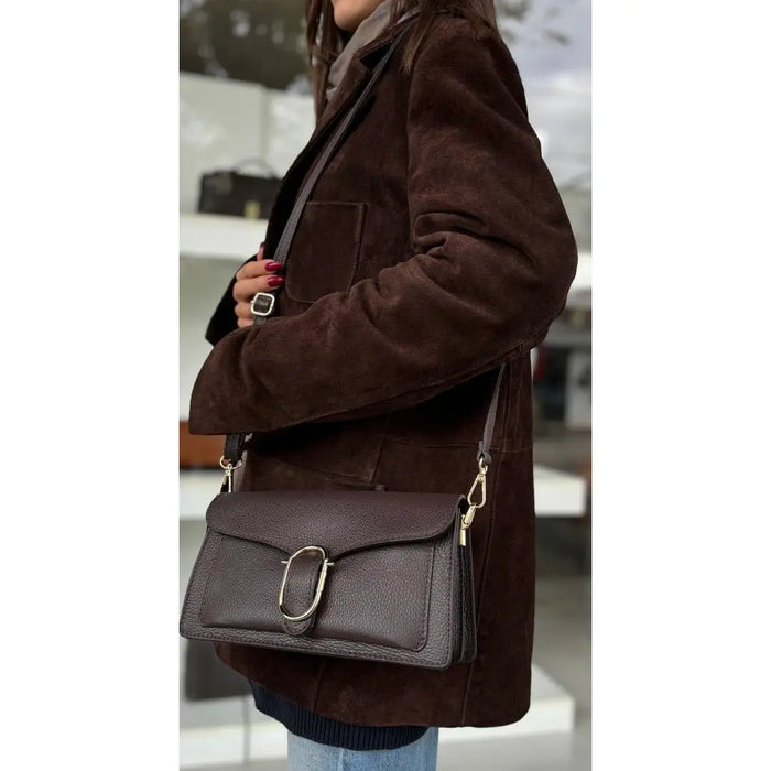 NEW! LCCH ITALIAN CHOCOLATE LEATHER CROSSBODY BAG W/ GOLD BUCKLE