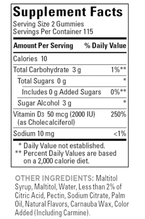 NATURE MADE ZERO SUGAR VITAMIN D3 GUMMIES 50 MCG., 230 GUMMIES