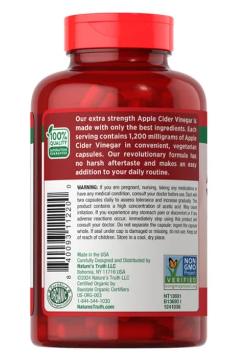 NATURE’S TRUTH APPLE CIDER VINEGAR 1200 MG, 180 CAPSULES