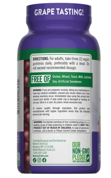 NATURE’S TRUTH IRON GUMMIES + B-VITAMINS & ZINC, 150 VEGAN GUMMIES