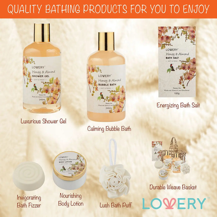 HOME SPA GIFT BASKET - HONEY ALMOND SCENT - LUXURY BATH SET