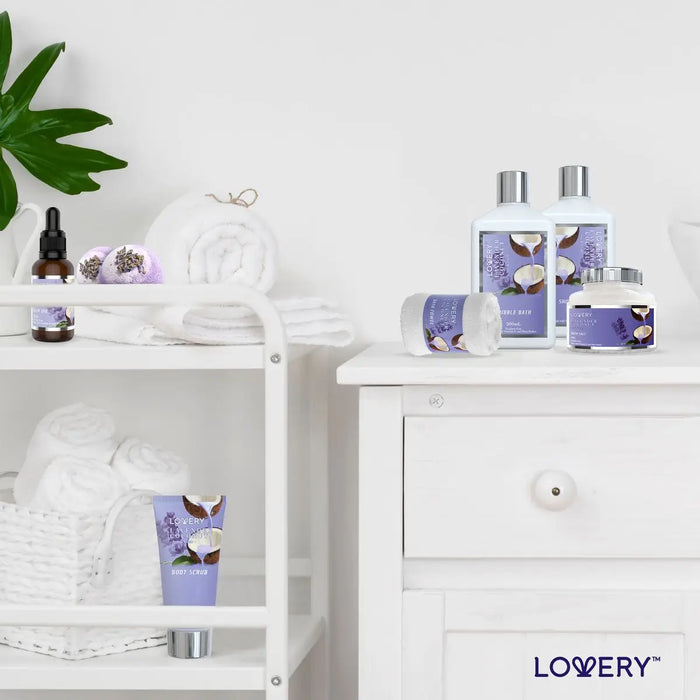 HOME SPA GIFT SET - HANDMADE PEARL BASKET, LAVENDER COCONUT