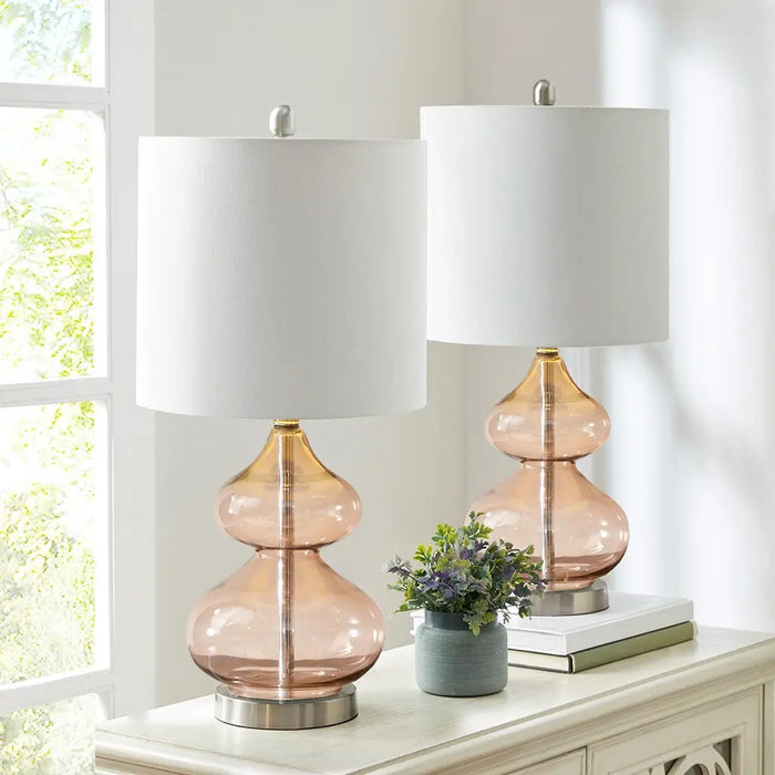 CLEAR GLASS BASE TABLE LAMPS, PINK GLASS [SET OF 2]