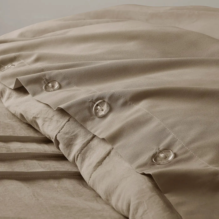GRID PATTERN SOFT WASHED PLEATED DUVET COVER SET, KHAKI